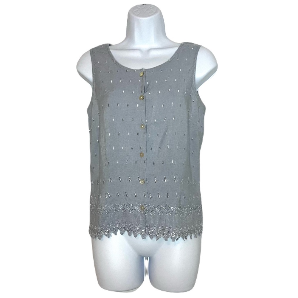 Van Heusen Gray Sleeveless Button Up Blouse with Embroidered Flourishes
